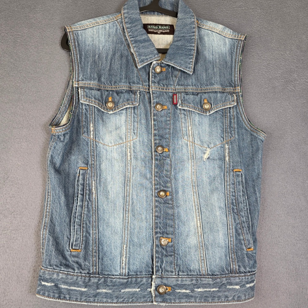 Bang Bang Denim Vest Mens Size M Blue Distressed Sleeveless Jean Jacket Exc